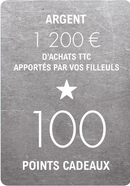 Palier argent : 1 200 € d'achats TTC apportés par vos filleuls = 100 points cadeaux